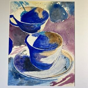 Watercolor Kitchen Dining Wall Art, Teacup Painting Framed in Acid Free Art Kit